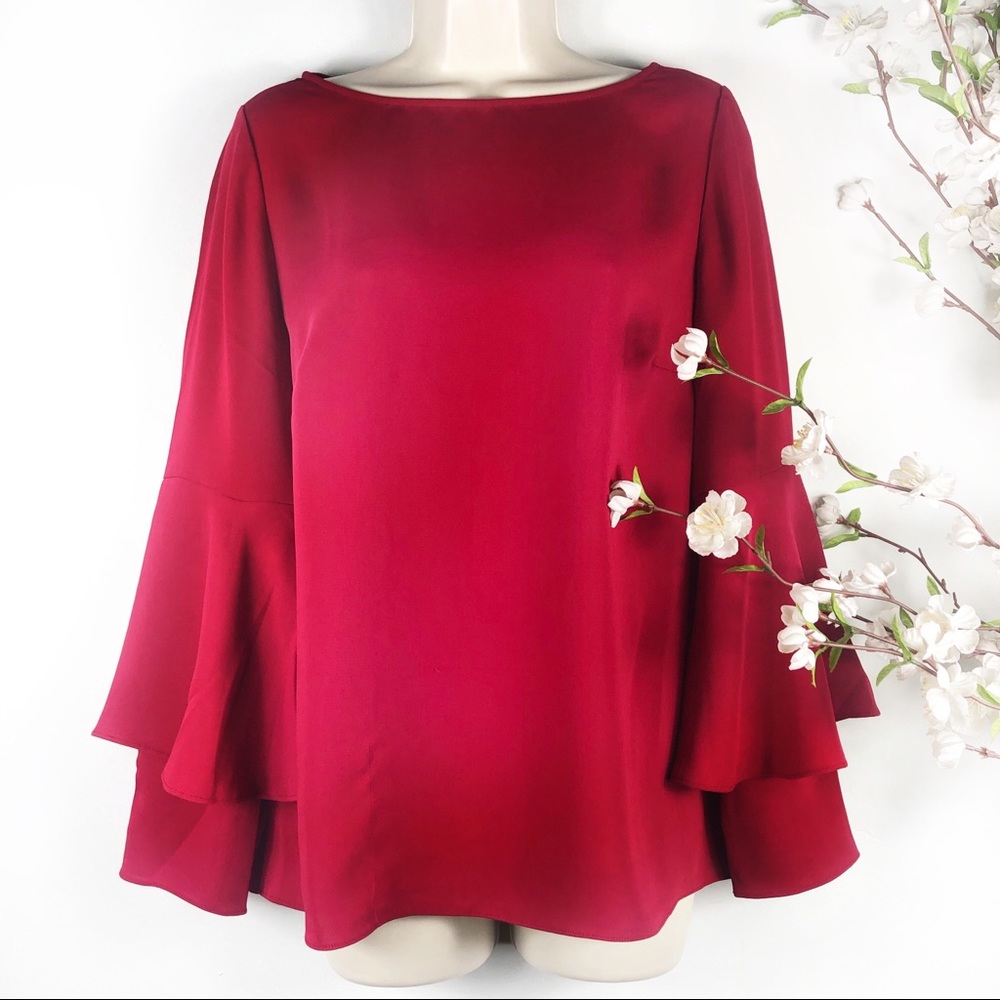 Chico’s Tiered-Sleeve Satin Top Holly Red *FLAW*
